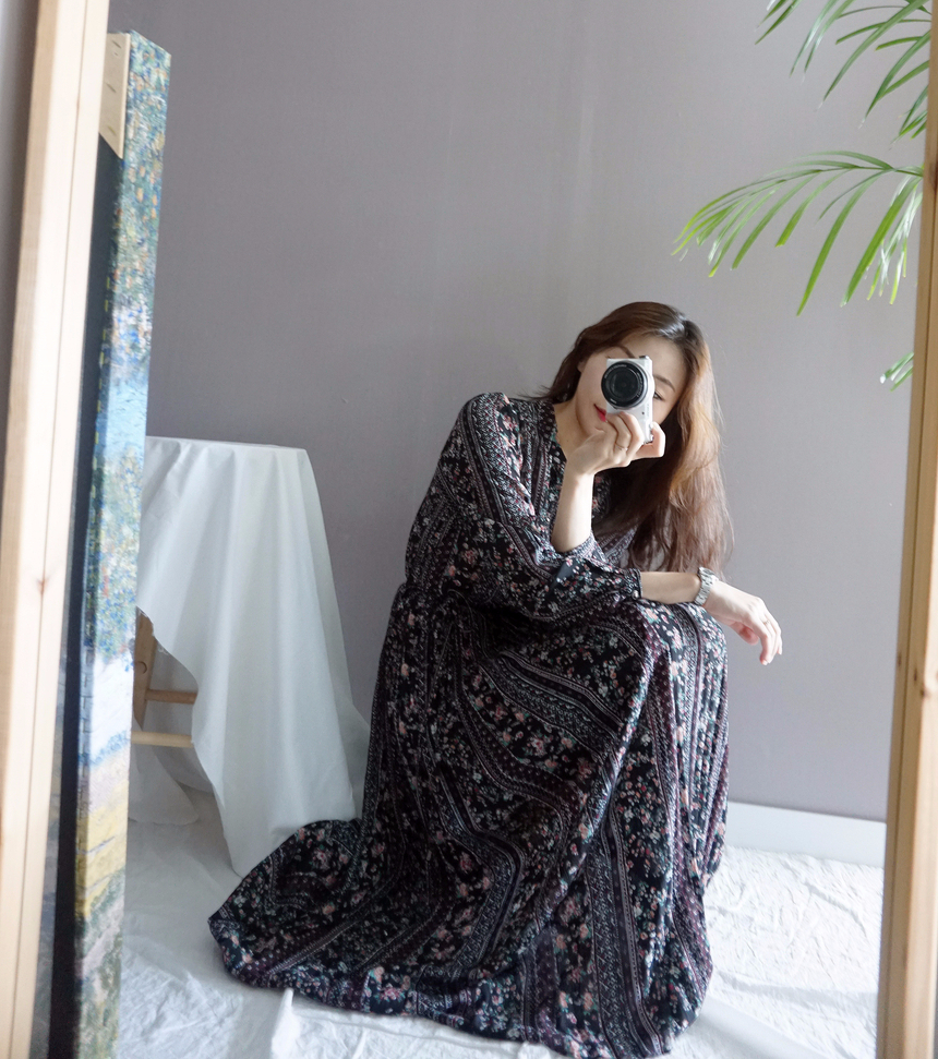 Goddess Autumn Long Pleated Dress Chiffon Flower 3