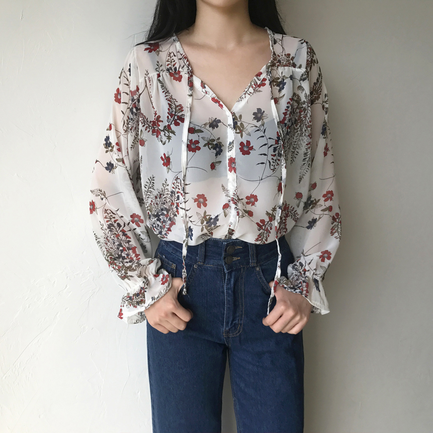 NEW FASHION LADY GIRL Blouse V-neck Flower Chiffon