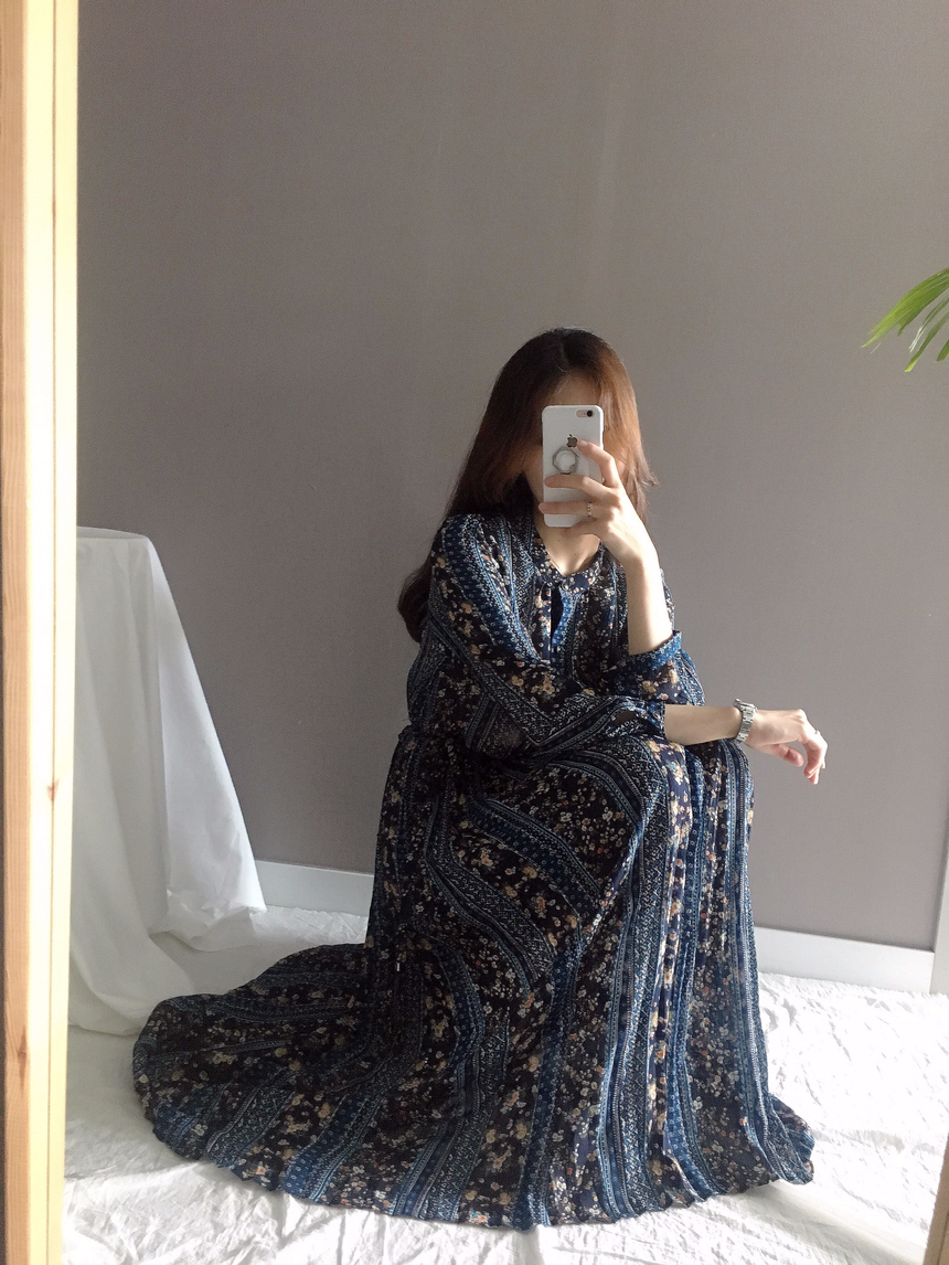 Goddess Autumn Long Pleated Dress Chiffon Flower 3