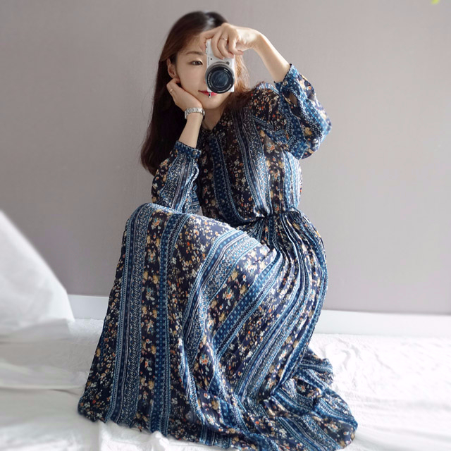 Goddess Autumn Long Pleated Dress Chiffon Flower 3