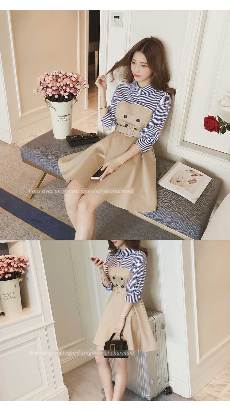 New stripe shirt coloring dress Beige Navy Female 