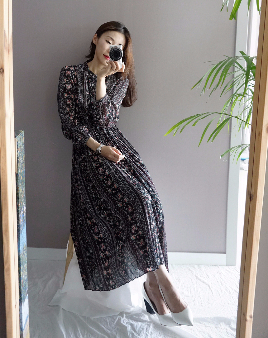 Goddess Autumn Long Pleated Dress Chiffon Flower 3