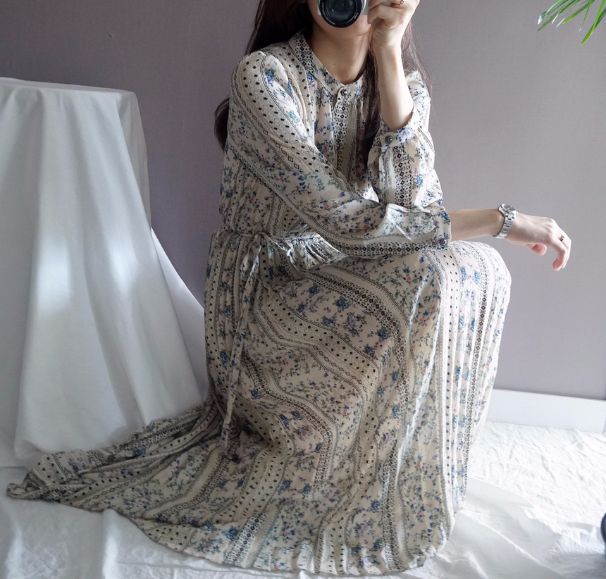 Goddess Autumn Long Pleated Dress Chiffon Flower 3