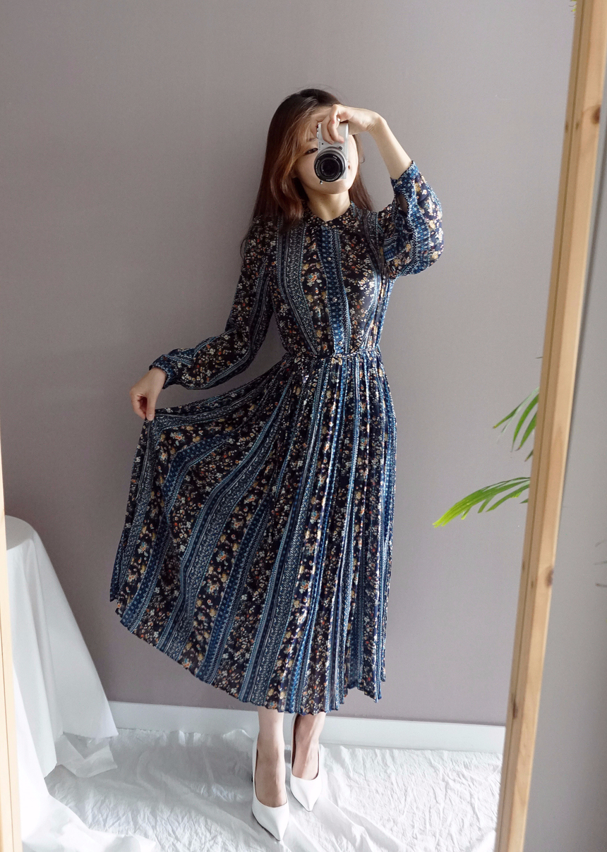 Goddess Autumn Long Pleated Dress Chiffon Flower 3