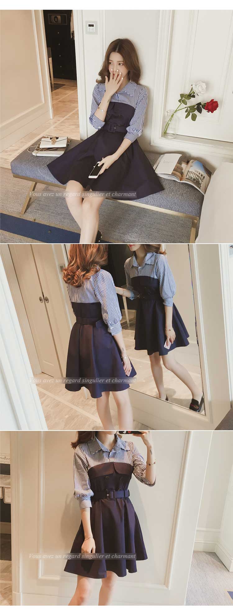 New stripe shirt coloring dress Beige Navy Female 