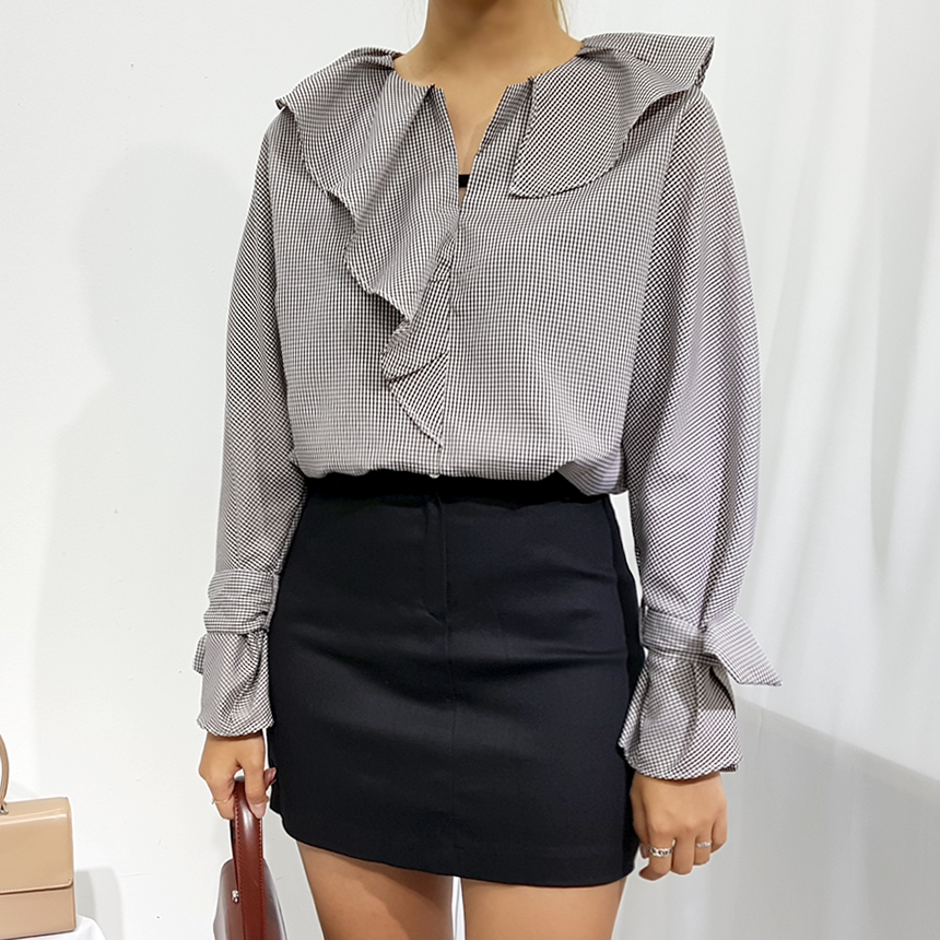NEW FASHION LADY GIRL Blouse Check sleeved ruffle 