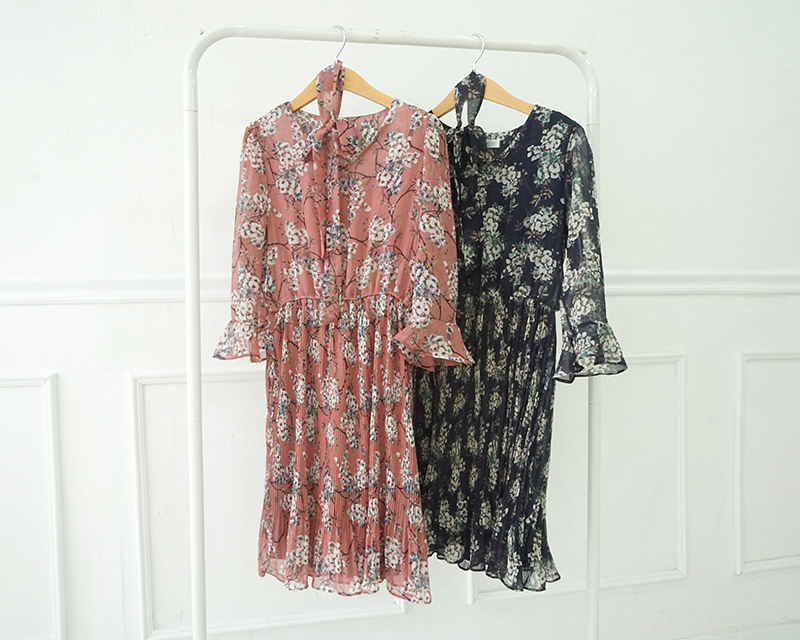 New Women Dress Mood Flower Tie Piece Pink Navy Fa