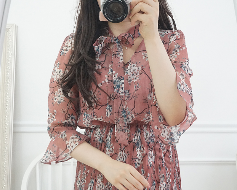 New Women Dress Mood Flower Tie Piece Pink Navy Fa