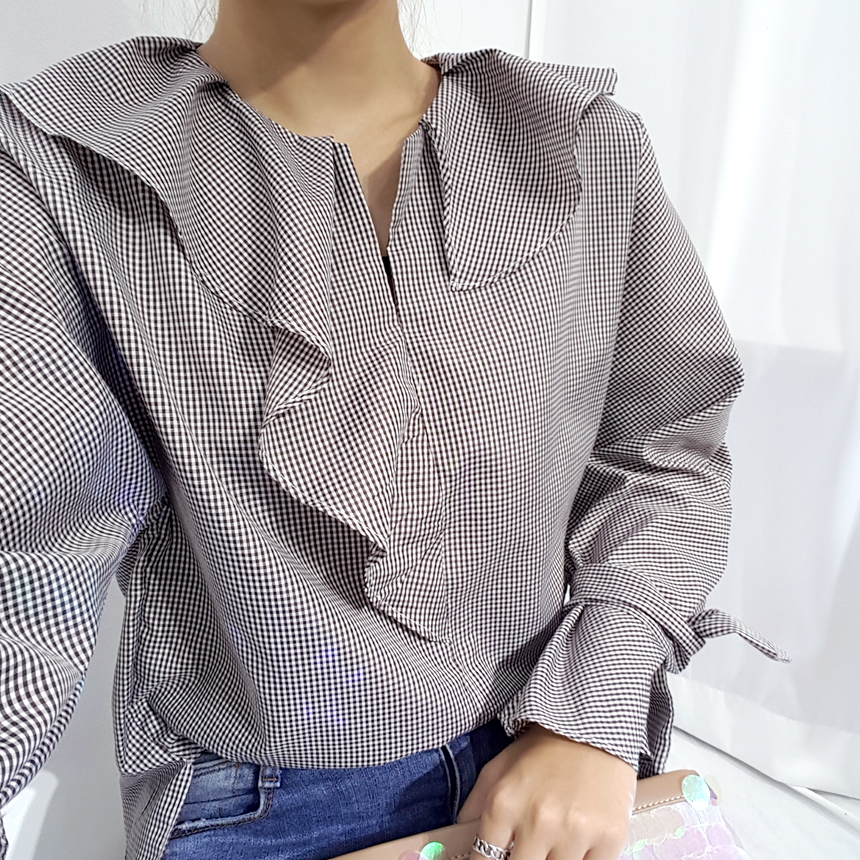 NEW FASHION LADY GIRL Blouse Check sleeved ruffle 