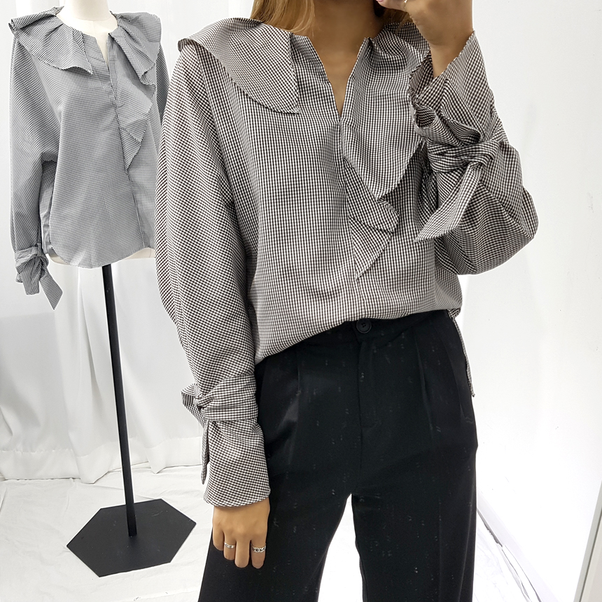 NEW FASHION LADY GIRL Blouse Check sleeved ruffle 