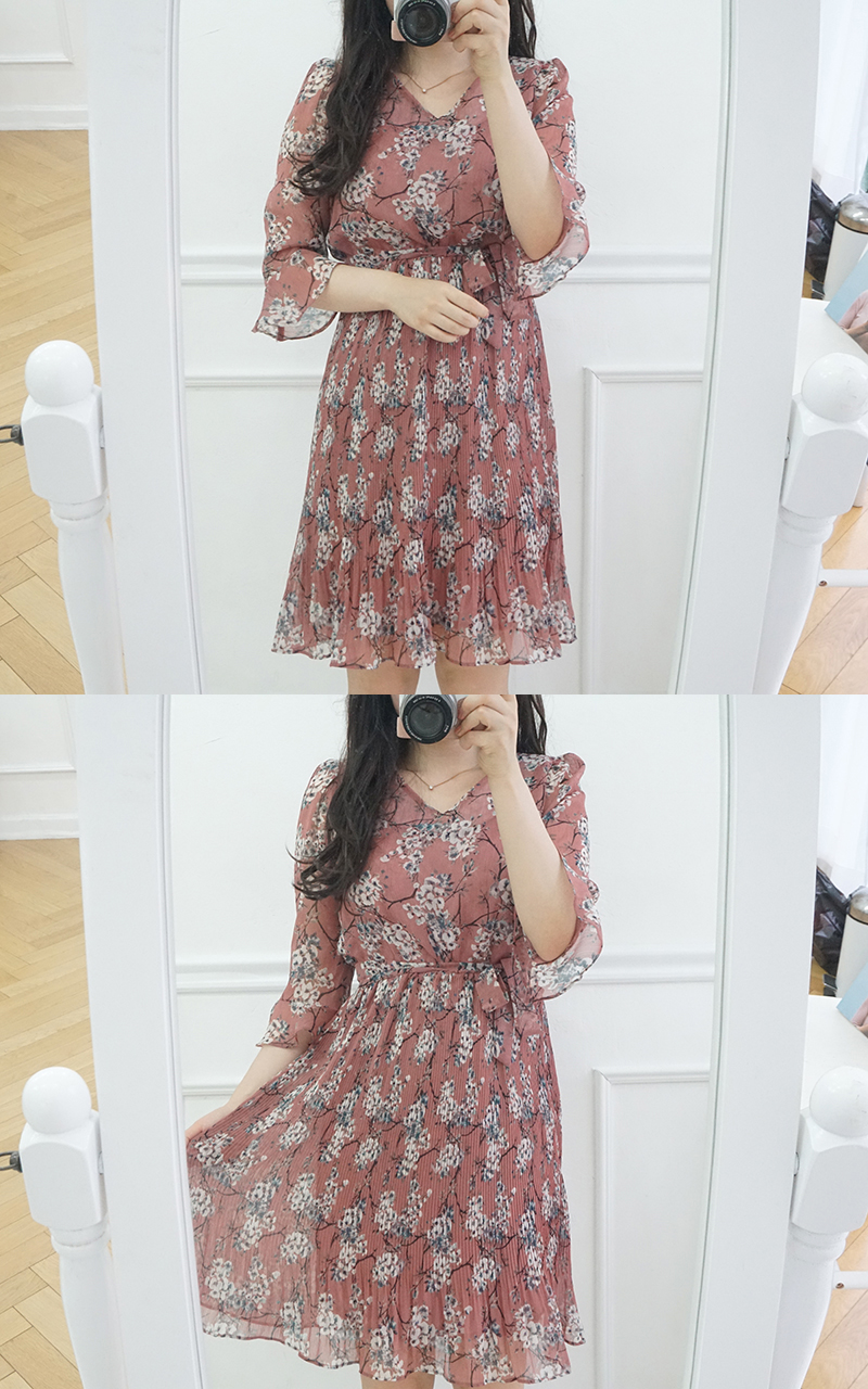 New Women Dress Mood Flower Tie Piece Pink Navy Fa