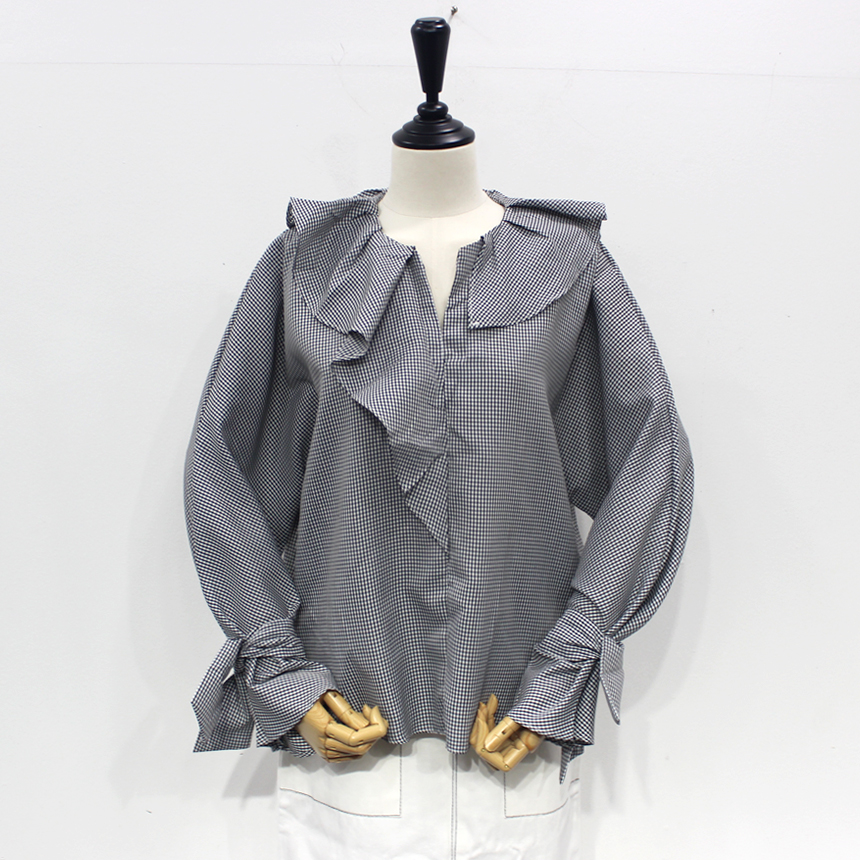 NEW FASHION LADY GIRL Blouse Check sleeved ruffle 