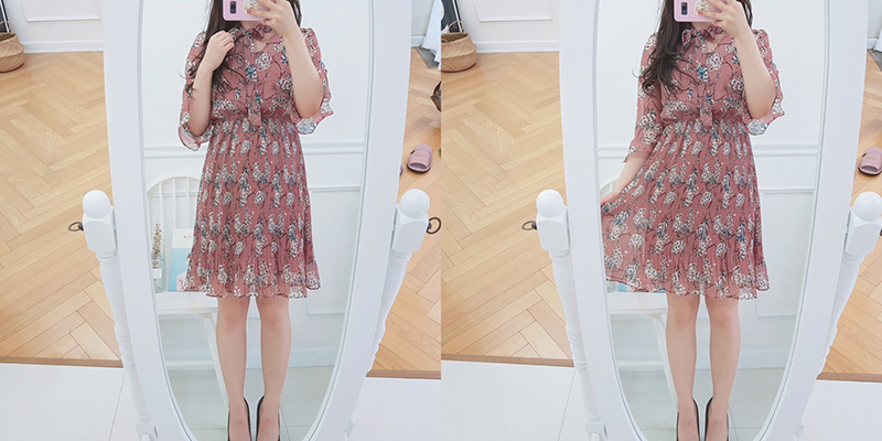 New Women Dress Mood Flower Tie Piece Pink Navy Fa