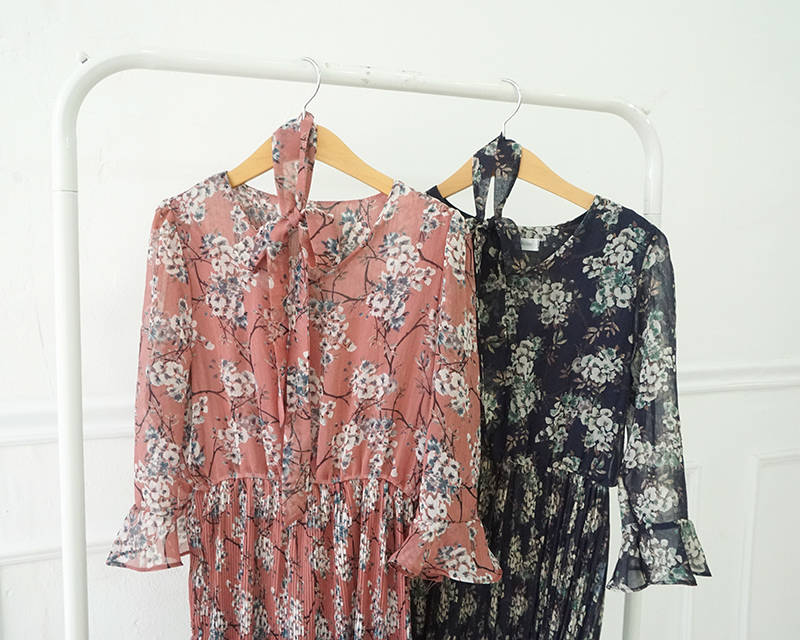 New Women Dress Mood Flower Tie Piece Pink Navy Fa