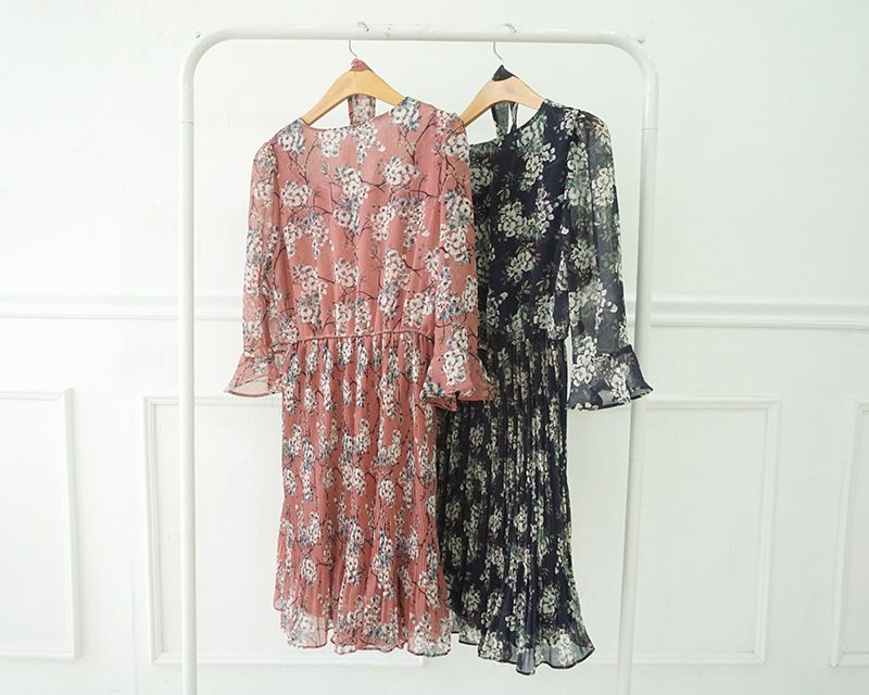 New Women Dress Mood Flower Tie Piece Pink Navy Fa