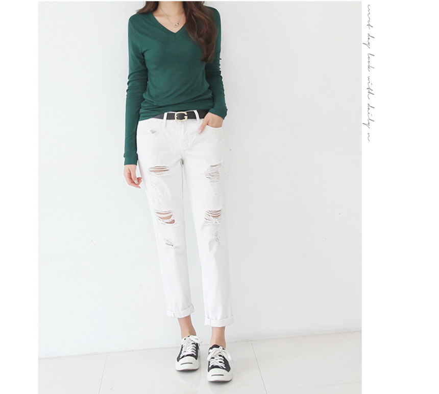 Plus V-Neck Plain T-Shirts Ruzupet Basic Autumn Ba