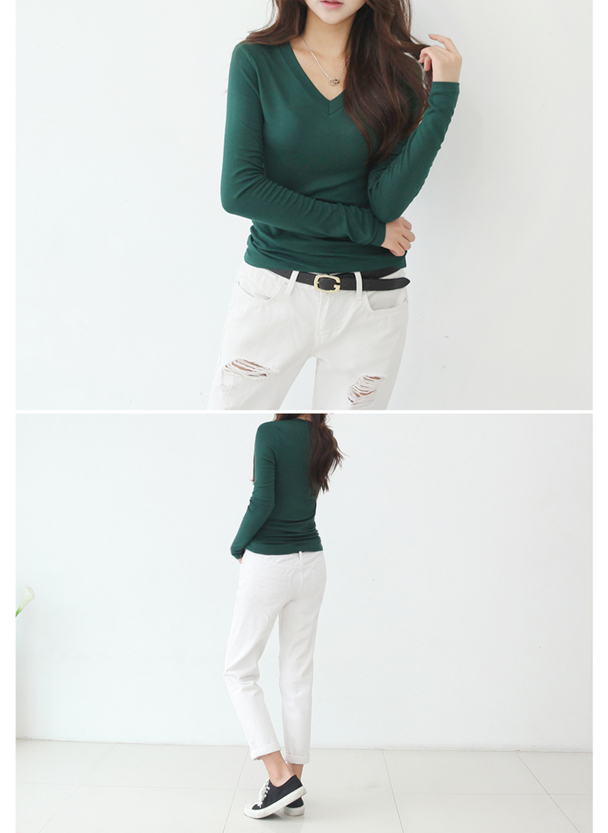 Plus V-Neck Plain T-Shirts Ruzupet Basic Autumn Ba