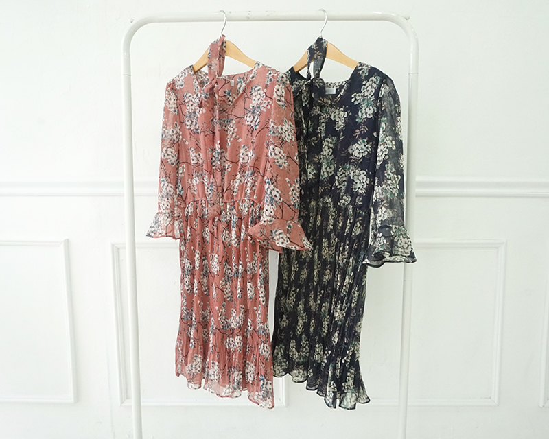 New Women Dress Mood Flower Tie Piece Pink Navy Fa