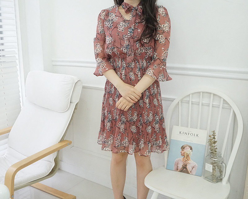 New Women Dress Mood Flower Tie Piece Pink Navy Fa