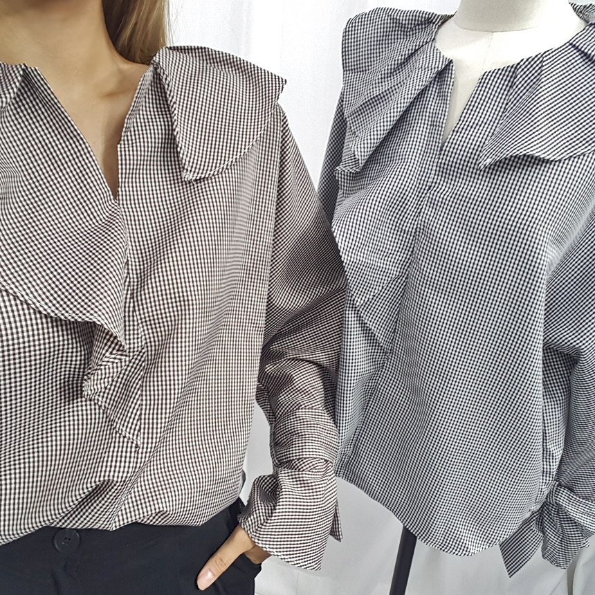 NEW FASHION LADY GIRL Blouse Check sleeved ruffle 