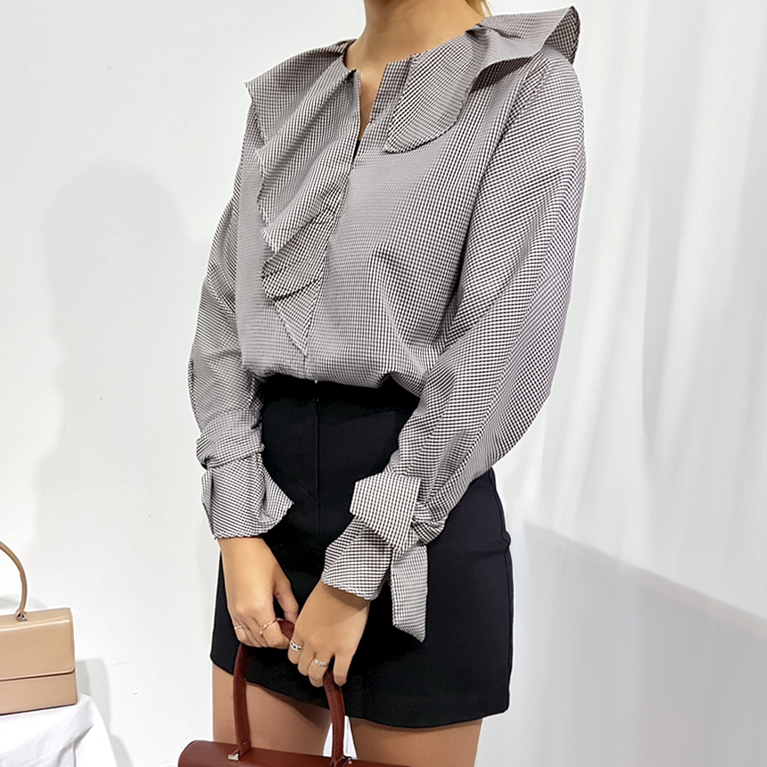 NEW FASHION LADY GIRL Blouse Check sleeved ruffle 