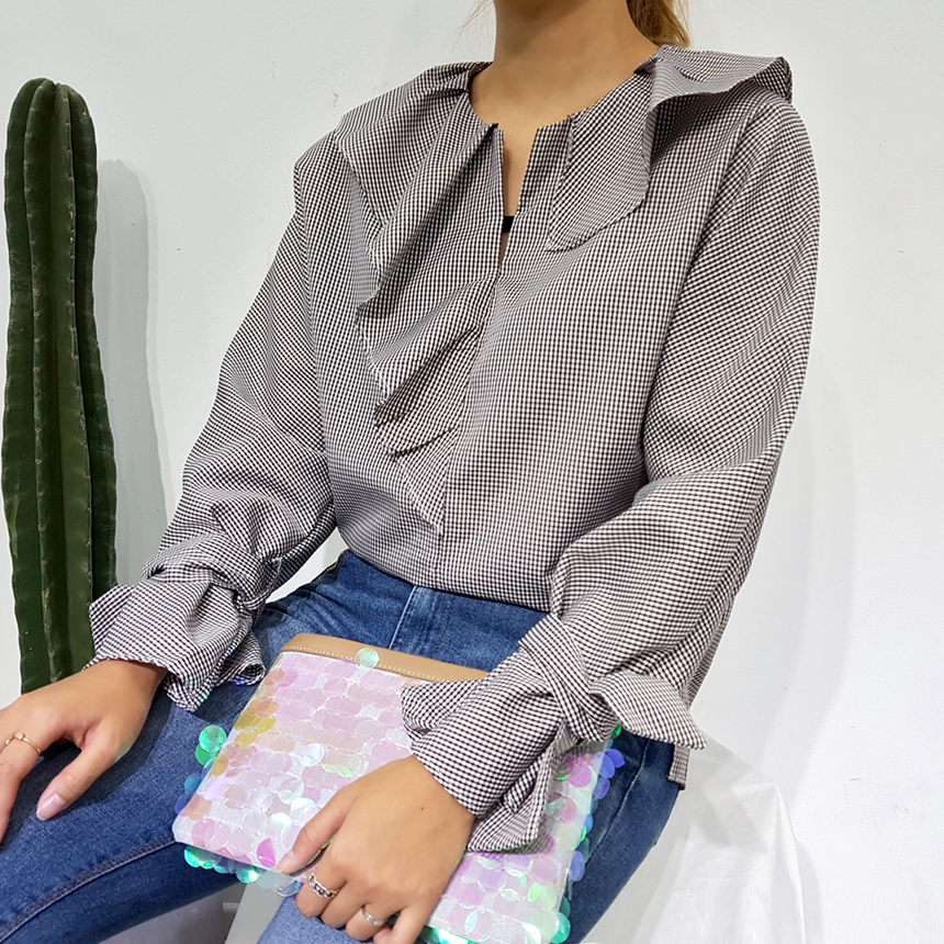 NEW FASHION LADY GIRL Blouse Check sleeved ruffle 