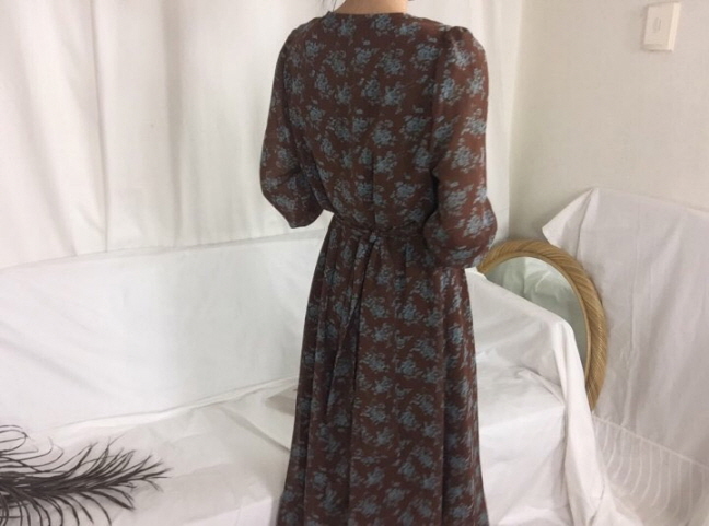 Chrysanthemum flower chiffon long dress 3color Aut