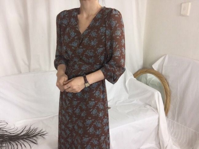 Chrysanthemum flower chiffon long dress 3color Aut