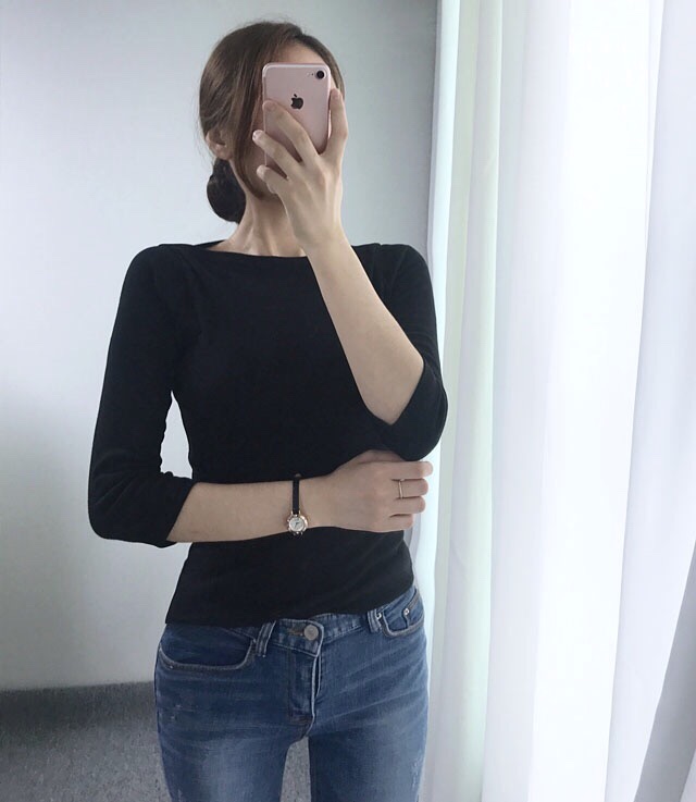 Boat Neck Slim basic part 7 T-shirt Black white li