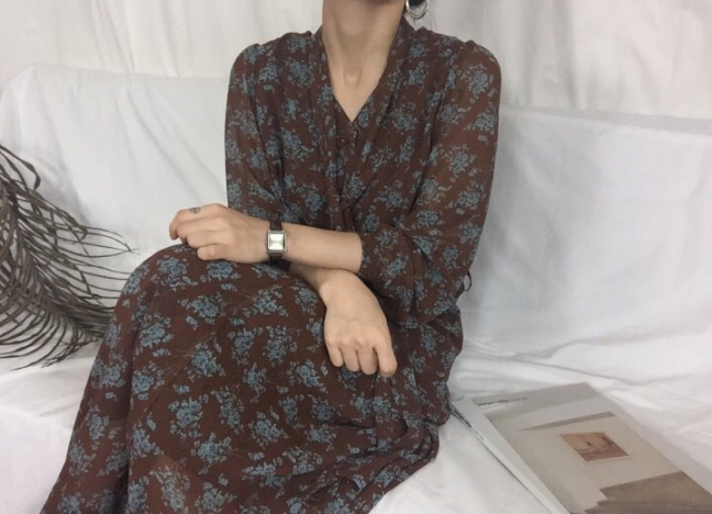 Chrysanthemum flower chiffon long dress 3color Aut