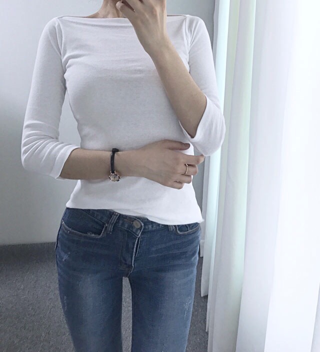 Boat Neck Slim basic part 7 T-shirt Black white li