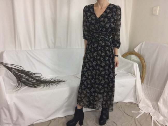 Chrysanthemum flower chiffon long dress 3color Aut