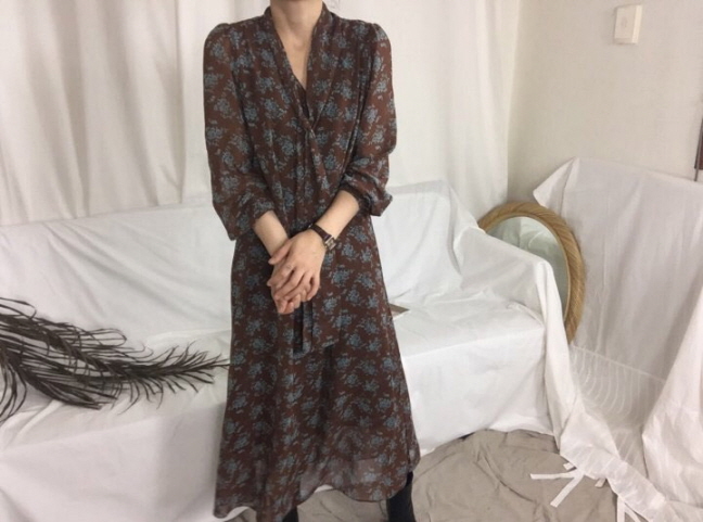 Chrysanthemum flower chiffon long dress 3color Aut