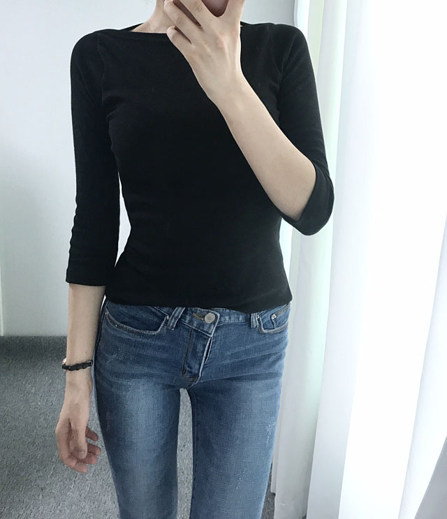 Boat Neck Slim basic part 7 T-shirt Black white li