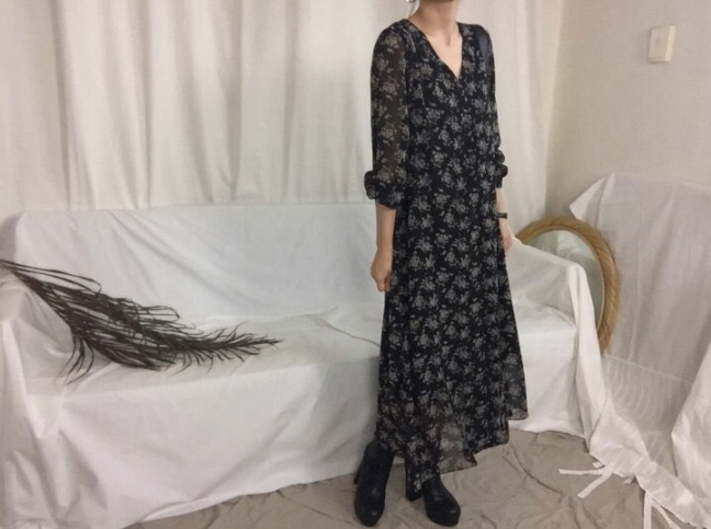 Chrysanthemum flower chiffon long dress 3color Aut