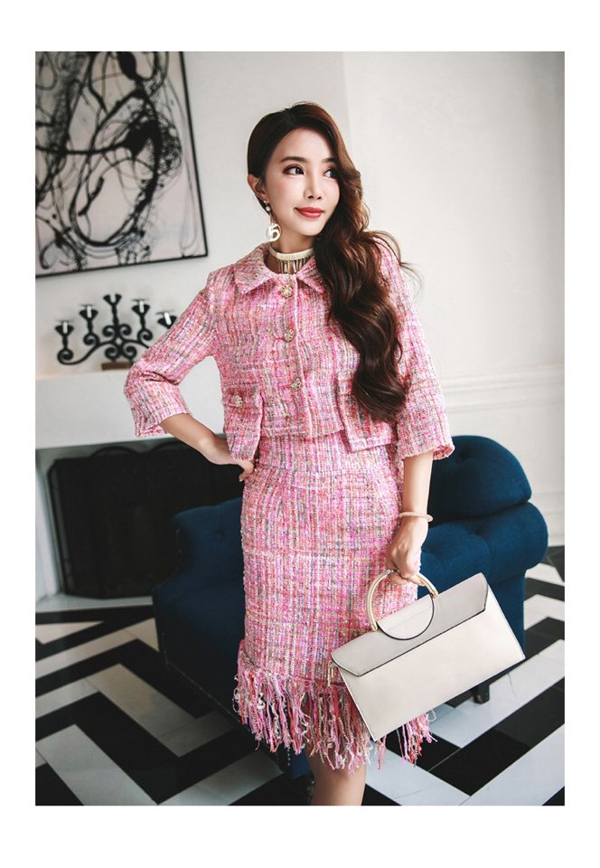 Office Look Pink Tweed Jacket + Surgical Skirt SET