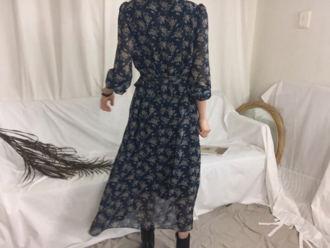 Chrysanthemum flower chiffon long dress 3color Aut