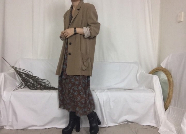 Chrysanthemum flower chiffon long dress 3color Aut