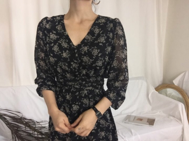 Chrysanthemum flower chiffon long dress 3color Aut