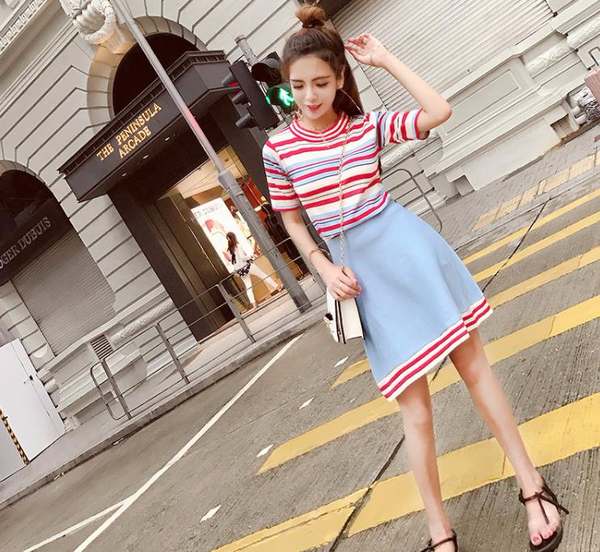 Top and bottom stripe knit two piece set 1color sk