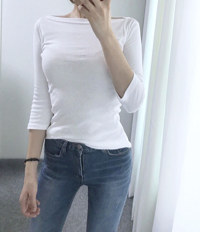 Boat Neck Slim basic part 7 T-shirt Black white li