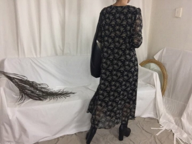 Chrysanthemum flower chiffon long dress 3color Aut