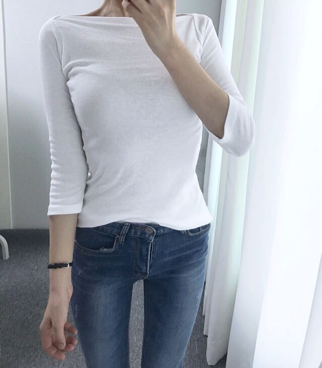 Boat Neck Slim basic part 7 T-shirt Black white li