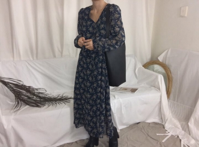 Chrysanthemum flower chiffon long dress 3color Aut