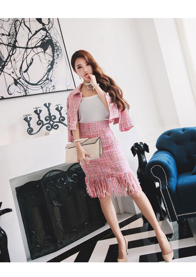Office Look Pink Tweed Jacket + Surgical Skirt SET