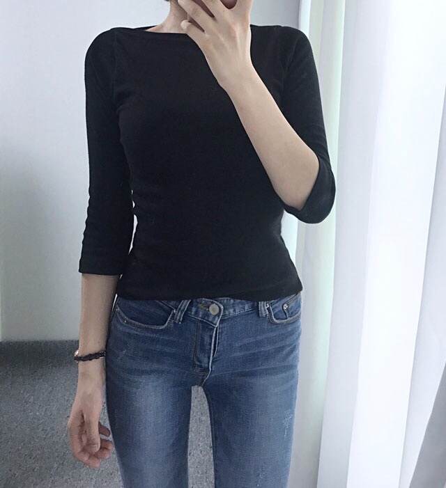 Boat Neck Slim basic part 7 T-shirt Black white li