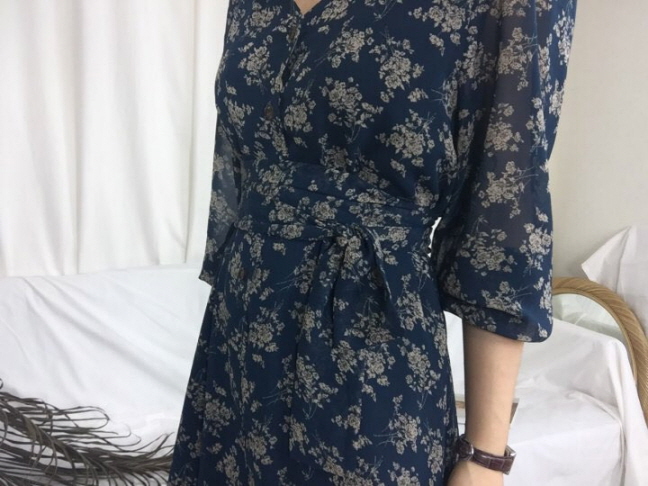 Chrysanthemum flower chiffon long dress 3color Aut