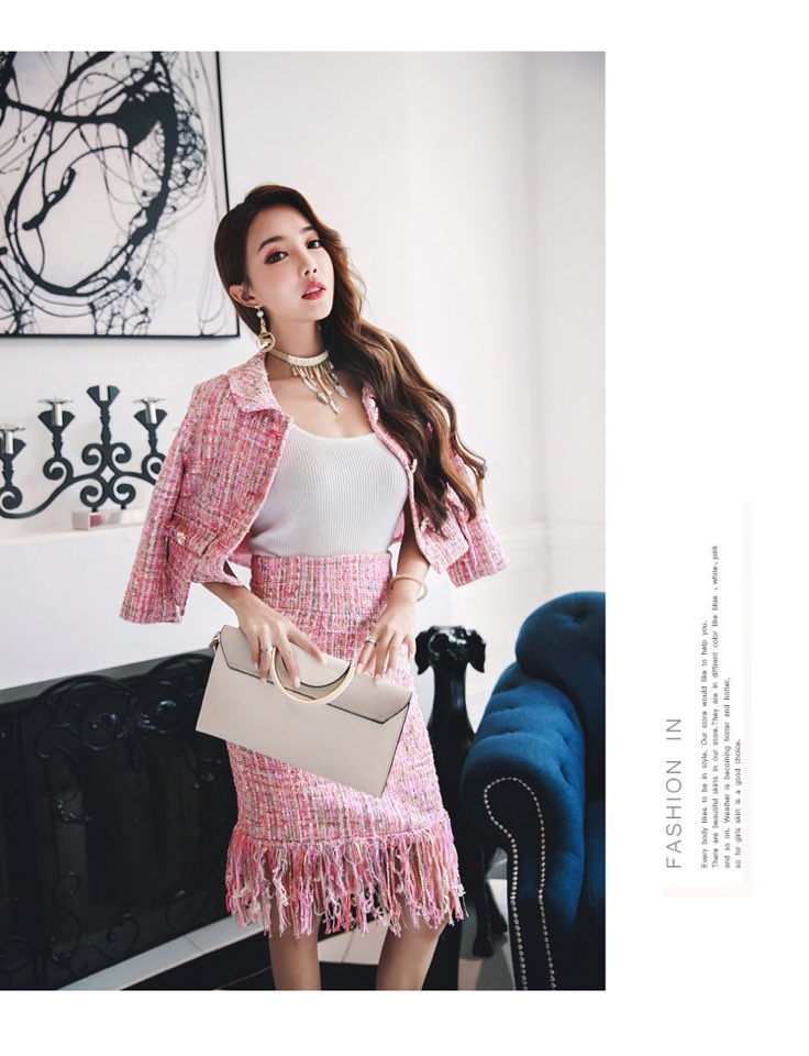 Office Look Pink Tweed Jacket + Surgical Skirt SET