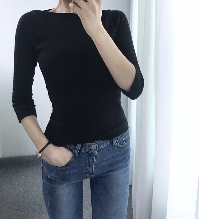 Boat Neck Slim basic part 7 T-shirt Black white li