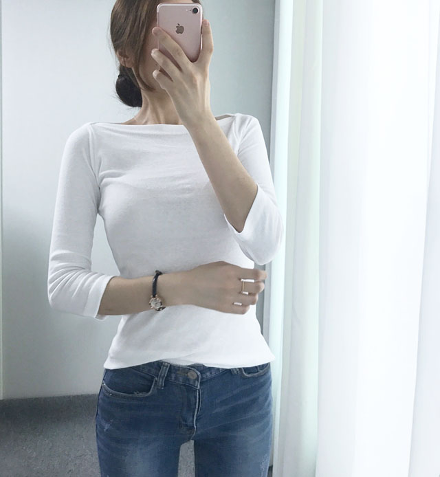 Boat Neck Slim basic part 7 T-shirt Black white li